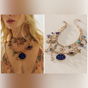 Free People Gold-Tone Celestial Charm Necklace with Navy Blue Accents